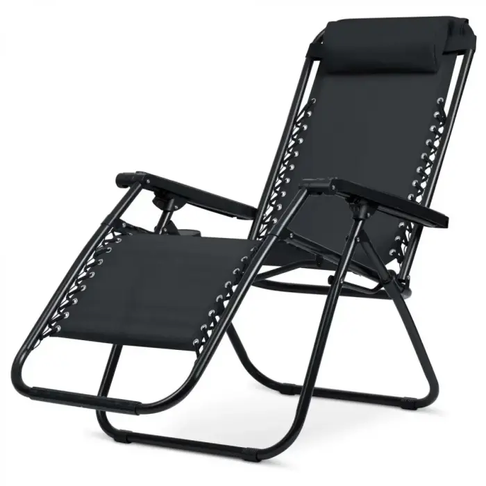 2x Összecsukható Zero Gravitációs Nyugágy Teraszra, Kertbe vagy Strandra, Fejpárna, Ital Tartó, Állítható, Fekete [5]