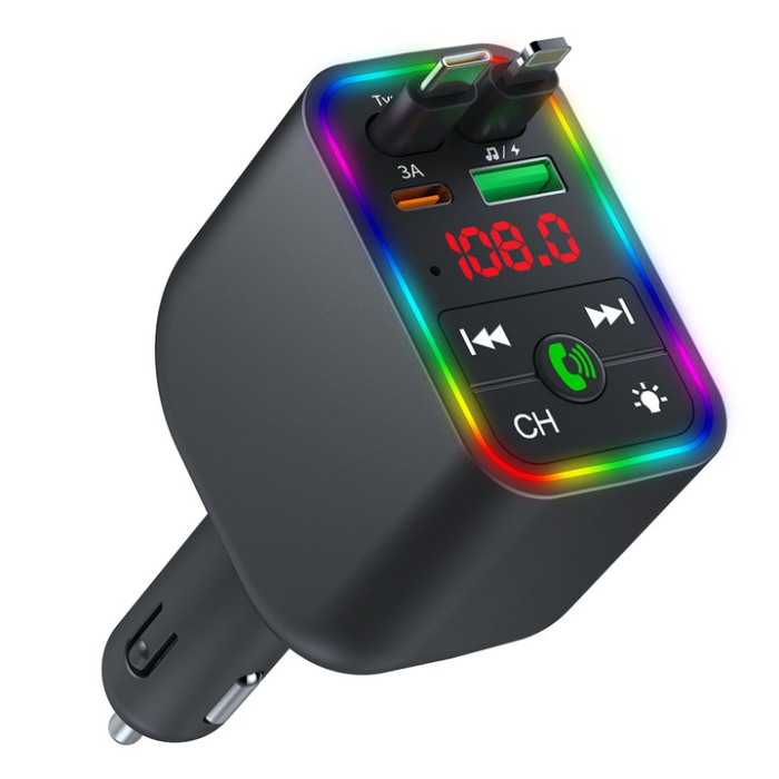 4 az 1-ben autós Bluetooth adapter BT 5.3, FM transzmitter LED kijelzővel, USB és Type-C portokkal, gyorstöltés (Super Fast Charge), MP3/WAV lejátszás, 12–24V [1]