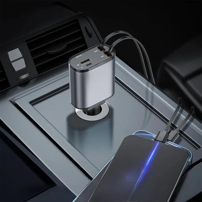 4 az 1-ben autós töltő, 120W, Super Fast Charge, kihúzható USB-C és Lightning kábel, 2 USB port, feszültségkijelző, 800 mm, szürke [7]