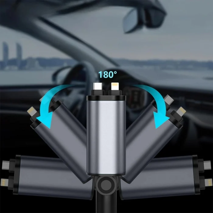 4 az 1-ben autós töltő, 120W, Super Fast Charge, kihúzható USB-C és Lightning kábel, 2 USB port, feszültségkijelző, 800 mm, szürke [5]