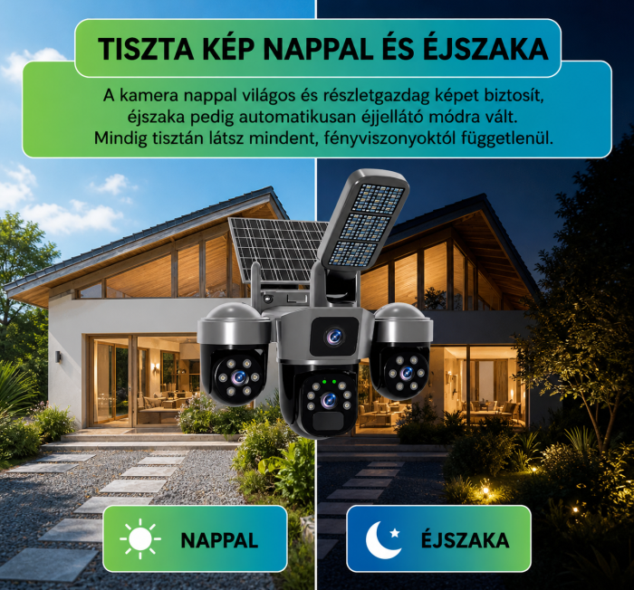 4G napelemes kültéri biztonsági kamera 12MP, 3 objektíves PTZ, tripla nézet, színes éjjellátás, mozgásérzékelés, kétirányú hang, LED lámpa, 24/7 működés [5]