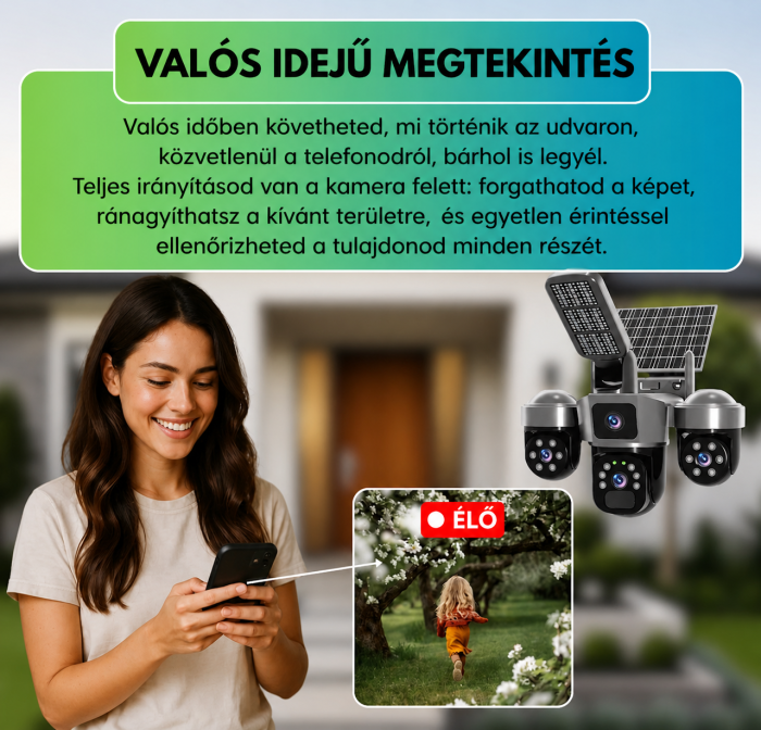 4G napelemes kültéri biztonsági kamera 12MP, 3 objektíves PTZ, tripla nézet, színes éjjellátás, mozgásérzékelés, kétirányú hang, LED lámpa, 24/7 működés [4]