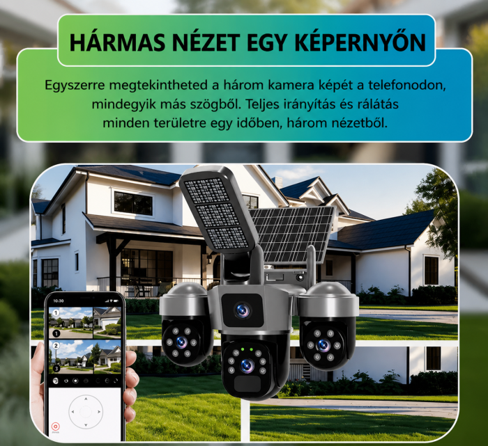 4G napelemes kültéri biztonsági kamera 12MP, 3 objektíves PTZ, tripla nézet, színes éjjellátás, mozgásérzékelés, kétirányú hang, LED lámpa, 24/7 működés [6]