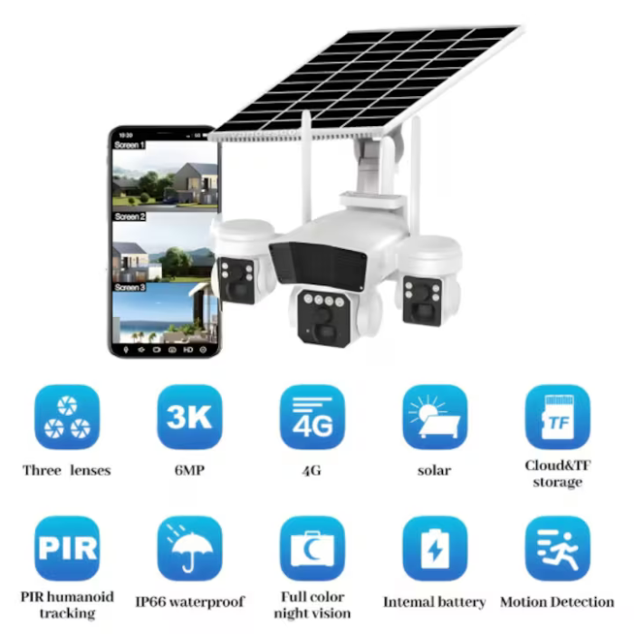 4G Tripla Lencsés Biztonsági Kamera 10W Napelemmel és 16 000 mAh Akkumulátorral, Ultra HD 15MP, PTZ 355°/180°, 10x Zoom, PIR + Radar, Kétirányú Hang, IP66 [11]