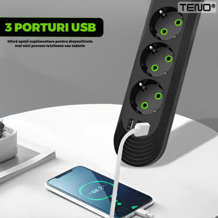 5-ös elosztó 3 USB-porttal, 5 m, fehér/fekete, túlfeszültségvédelemmel, LED világítással, 220–240 V, max. terhelés 2500 W, extra védelem az eszközeidnek [10]