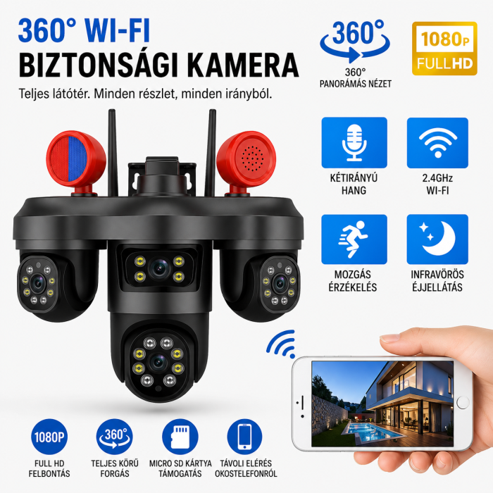 WiFi Kültéri Megfigyelő Kamera 3 Lencsével, 360°, Telefonról Irányítható, Éjjellátás, Kétirányú Hang, Beépített Sziréna [4]