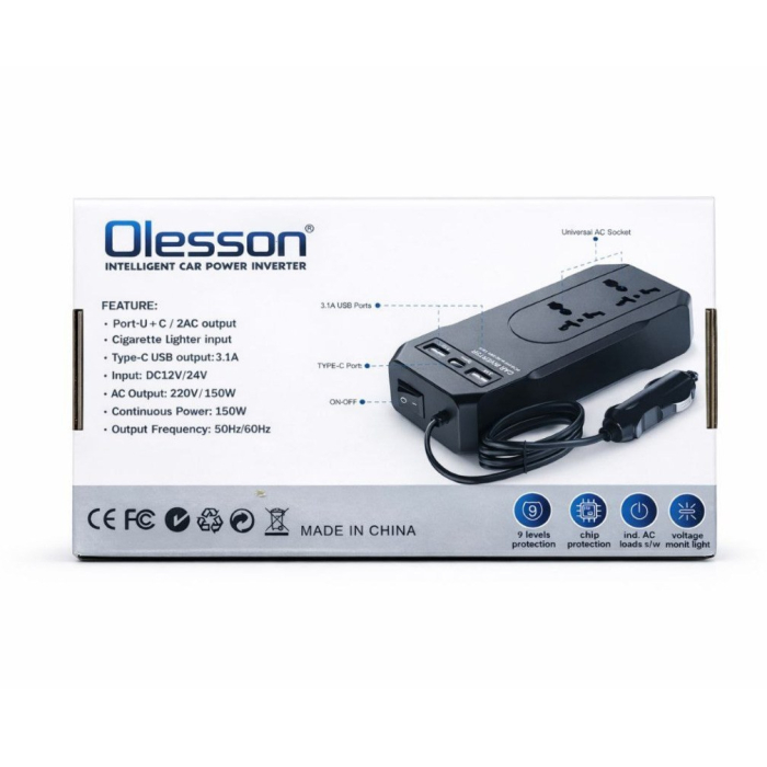 150 W Multifunkciós Autós Adapter, 12 V/220 V Feszültségátalakító, 2 USB Töltőporttal, Többszörös Védelemmel és Kompakt Kialakítással, Fekete [3]