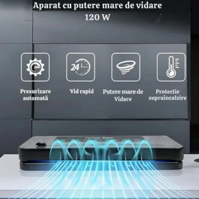 Élelmiszer vákuumozó és fóliázó gép 120W, beépített vágó, UV sterilizáló, érintőképernyő, 6 működési mód, 30 cm-es fóliázás, elegáns fekete/szürke+ 10 db vákuumzsák ajándékba [4]
