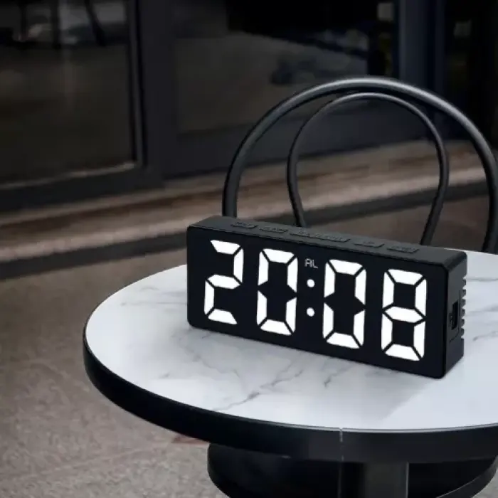 Asztali Digitális Óra – Fehér LED Kijelző, Multifunkcionális, Méret: 160 x 62 x 31 mm, ABS, Fekete [6]