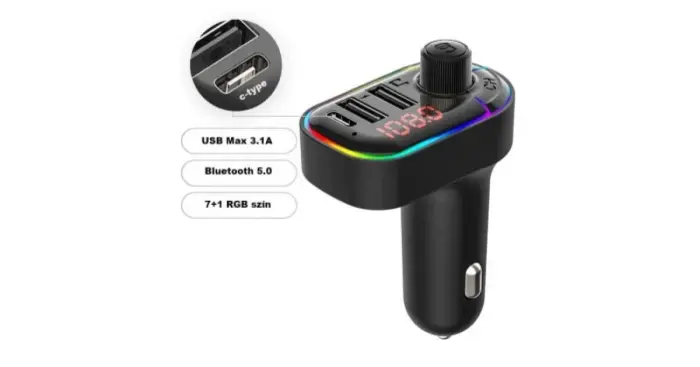 C12 Autó FM Transmitter Bluetooth 5.0, Mikrofonos, Gyors Töltés USB Type-C-vel, 7 Színű Hangulatvilágítás, Android és iPhone Kompatibilis [2]