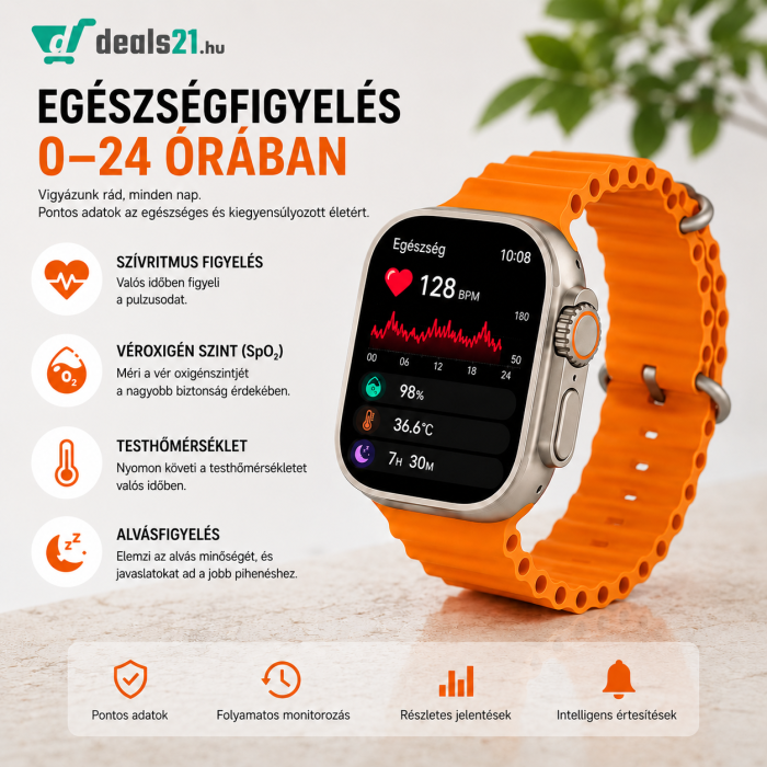 2.1 hüvelykes SmartWatch Okosóra + EXTRA Szíj, Bluetooth Hívás, Vezeték Nélküli Töltés, Fém Ház, Hívás- és Közösségi Értesítések, Véroxigénszint Mérő, Pulzusmérés, Hőmérő, Alvásfigyelés, 105 Sportmód [3]