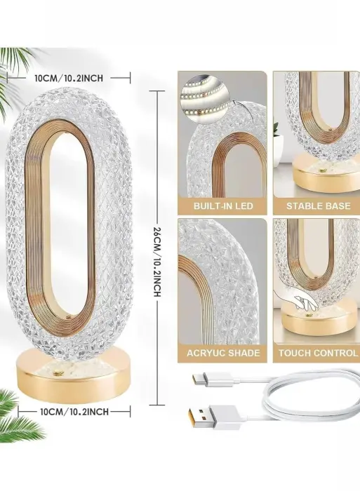 Diamond Crystal LED lámpa gyémánt alakú búrával, 3 színhőmérséklet, érintésvezérlés, USB újratölthető, 10–12 órás üzemidő, elegáns akril és ABS kialakítás, 3000 mAh, 5W, 26 cm [10]