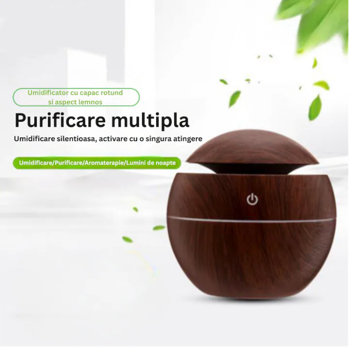 Sötétbarna Ultrahangos Aromaterápiás Diffúzor, 200 ml, 30 ml/h, 2 W, 10x10x10 cm, LED Világítás és Érintőgomb, 5V/500mA, USB Kábellel [5]