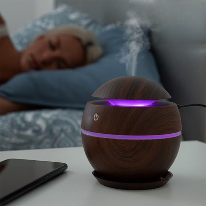 Sötétbarna Ultrahangos Aromaterápiás Diffúzor, 200 ml, 30 ml/h, 2 W, 10x10x10 cm, LED Világítás és Érintőgomb, 5V/500mA, USB Kábellel [6]