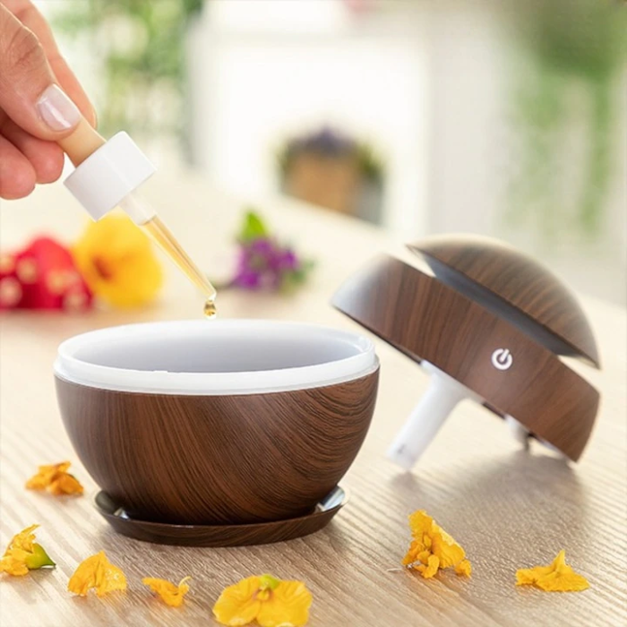 Sötétbarna Ultrahangos Aromaterápiás Diffúzor, 200 ml, 30 ml/h, 2 W, 10x10x10 cm, LED Világítás és Érintőgomb, 5V/500mA, USB Kábellel [2]