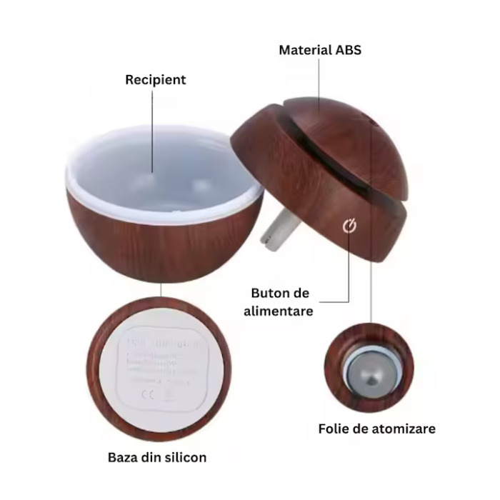 Sötétbarna Ultrahangos Aromaterápiás Diffúzor, 200 ml, 30 ml/h, 2 W, 10x10x10 cm, LED Világítás és Érintőgomb, 5V/500mA, USB Kábellel [4]