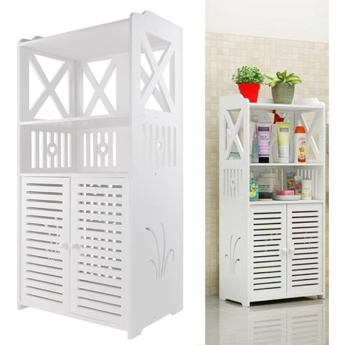 Fehér Fürdőszobai Szekrény 3 Polccal, 90x40x25 cm, Tartós PVC Szerkezet, Modern és Elegáns Kialakítás Praktikus Rendszerezéshez [8]