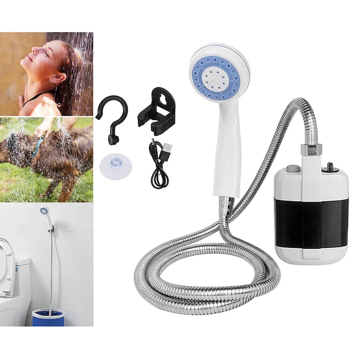 Hordozható Elektromos Kemping Zuhany, 4–5 L/perc Vízhozam, 2200 mAh Akkumulátor USB Töltéssel, 1,5 m Tömlő, ABS Burkolat, Fehér [9]