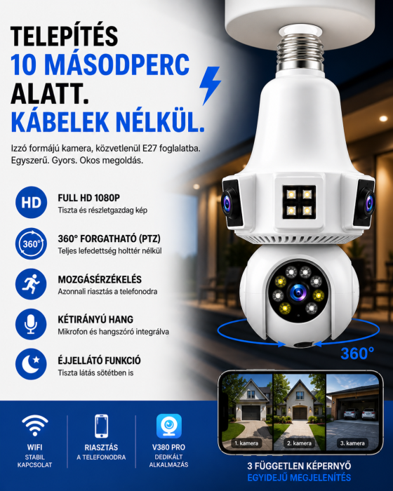 WiFi Izzó Típusú Megfigyelő Kamera 1080p, 3 Lencsével, 360°, 10X Zoom, Éjjellátás, Kétirányú Hang, E27 Foglalat [2]