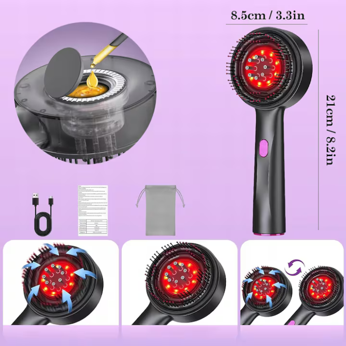 Elektromos hajkefe fejbőr masszázzsal, vörös LED fény, 3 üzemmód, olajadagoló, 3.7V 1400 mAh akkumulátor, hordozható, intelligens kikapcsolás [2]