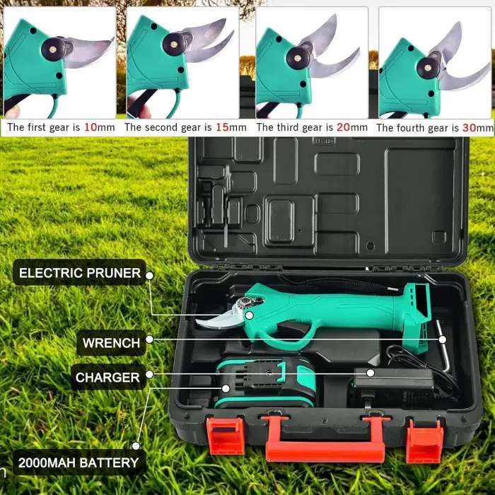 Elektromos kerti olló, 2 × 48V akkumulátorral, szénacél pengével, 9700 mAh akkumulátorral, tartozékokkal és hordtáskával [11]