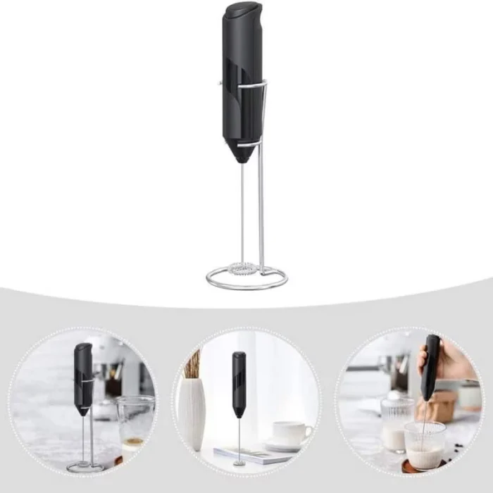 Elektromos tejhabosító mixer – álló tartóval, erős motor, rozsdamentes acél, meleg és hideg tejhez, AA elemmel, fekete [7]