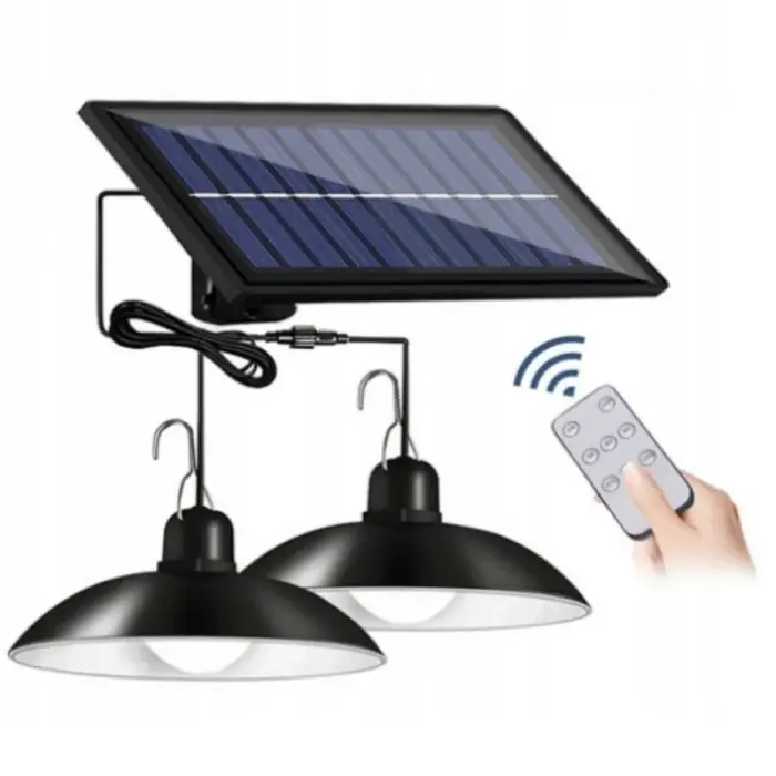 Függesztett LED Csillár Napelemes Energiával, 2 Lámpatest, IR Távirányító, Vízálló Napelemes Panel, 3 m Kábel, Hideg Fehér Fény, 3,5 W Teljesítmény, Automatikus Kikapcsolás, 10–12 Órás Üzemidő – Haték [5]