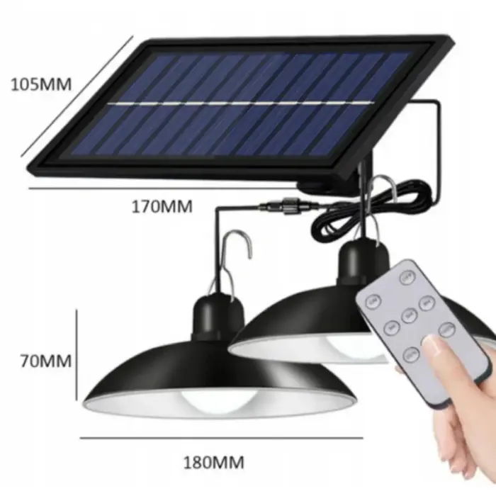 Függesztett LED Csillár Napelemes Energiával, 2 Lámpatest, IR Távirányító, Vízálló Napelemes Panel, 3 m Kábel, Hideg Fehér Fény, 3,5 W Teljesítmény, Automatikus Kikapcsolás, 10–12 Órás Üzemidő – Haték [4]