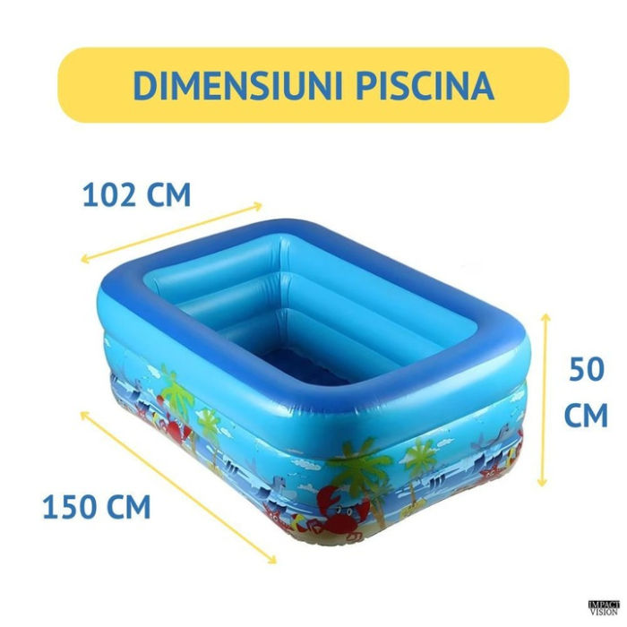 Felfújható téglalap alakú gyermekmedence 150×102×50 cm, 3 légkamrával, kényelmes aljzattal és tartós vinil anyagból, többszínű [2]