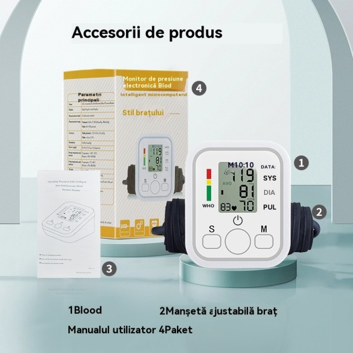 Felkaros digitális vérnyomásmérő LCD kijelzővel, automatikus mérés, szabálytalan pulzus érzékelés, 99 memória, USB töltés, szisztolés/ diasztolés mérés, ütésvédelem, fehér [2]