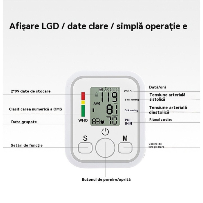 Felkaros digitális vérnyomásmérő LCD kijelzővel, automatikus mérés, szabálytalan pulzus érzékelés, 99 memória, USB töltés, szisztolés/ diasztolés mérés, ütésvédelem, fehér [3]