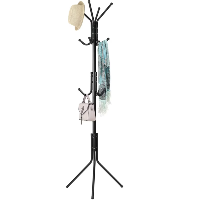 Fém állófogas fa alakú 45×175 cm, 11 akasztó, 18 kg teherbírás, modern kompakt design, stabil 3 lábú talp, fekete [4]