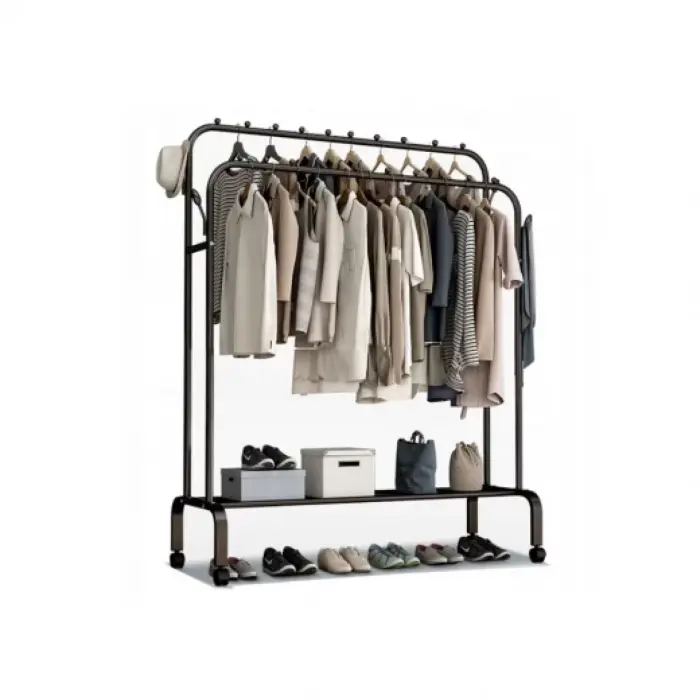 Fém ruhatartó, tárolópolccal és oldalsó kampókkal, fekete szín [6]