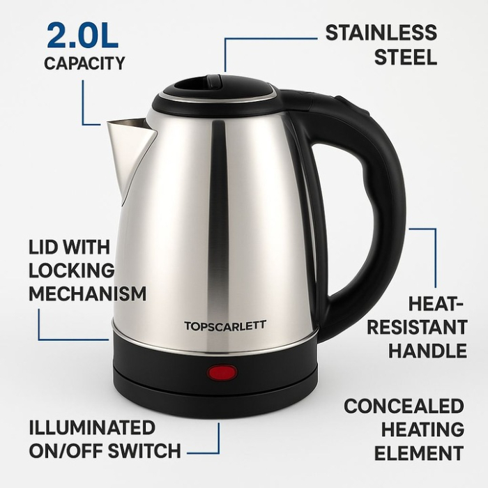 2L Rozsdamentes Acél Vízforraló, 2200W, Automatikus Kikapcsolás, Túlmelegedés Elleni Védelem, On/Off Gomb, Ergonomikus Fogantyú, Forgatható Talp, Vízszintjelző, Rejtett Fűtőelem [6]