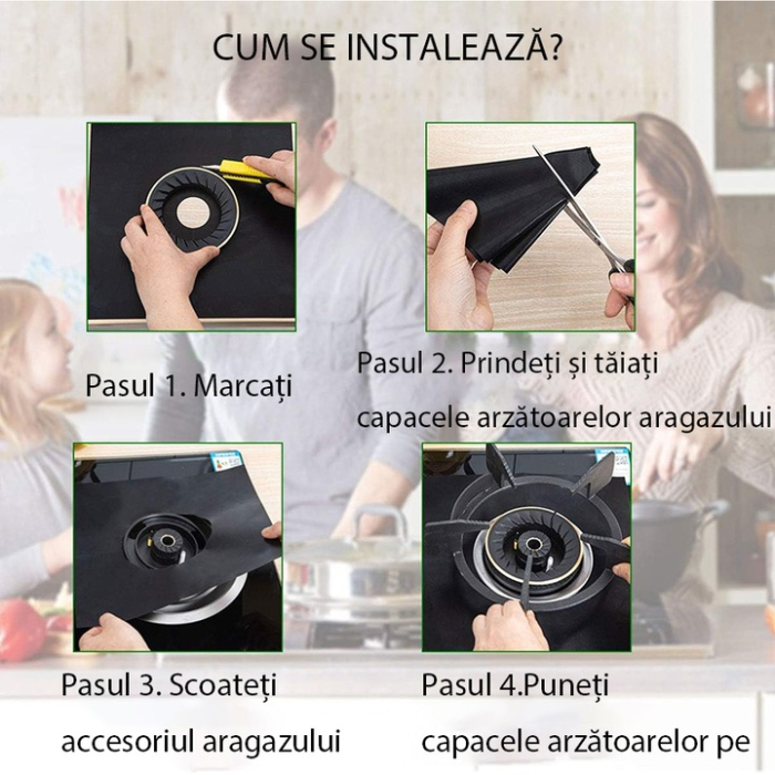 4 darabos fóliakészlet Teflon Fólia 27x27 cm Tűzhelyhez vagy Főzőlaphoz, Hőálló -60°C-tól 260°C-ig, Fekete, 0,3 mm Vastagság [6]