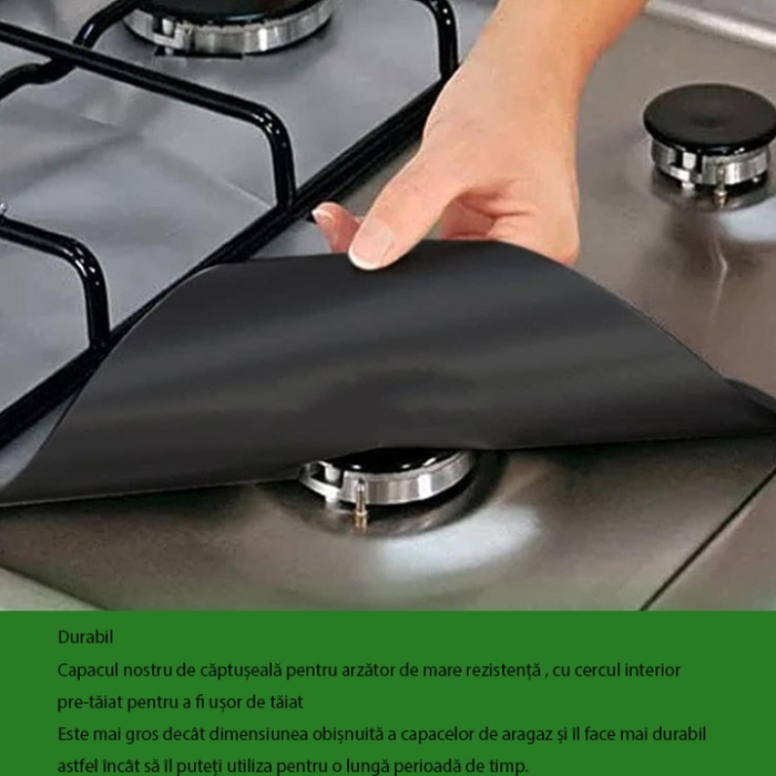 4 darabos fóliakészlet Teflon Fólia 27x27 cm Tűzhelyhez vagy Főzőlaphoz, Hőálló -60°C-tól 260°C-ig, Fekete, 0,3 mm Vastagság [10]