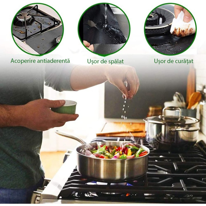 4 darabos fóliakészlet Teflon Fólia 27x27 cm Tűzhelyhez vagy Főzőlaphoz, Hőálló -60°C-tól 260°C-ig, Fekete, 0,3 mm Vastagság [8]