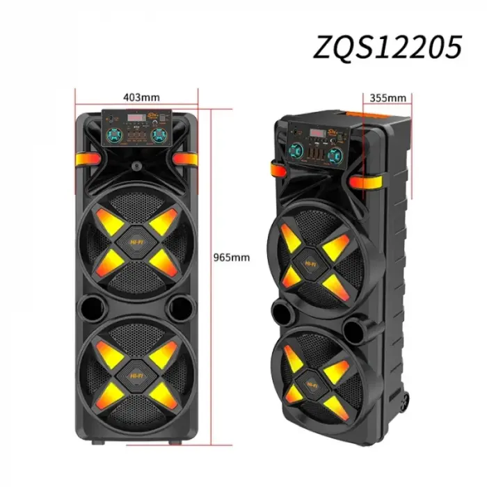 Hordozható hangszóró 450 W PMPO-val, 2 db 12 hüvelykes mélynyomóval, RGB LED világítással, 4500mAh akkumulátorral, vezeték nélküli mikrofonnal, távirányítóval, Bluetooth, USB, AUX, TF és FM csatlakozá [3]