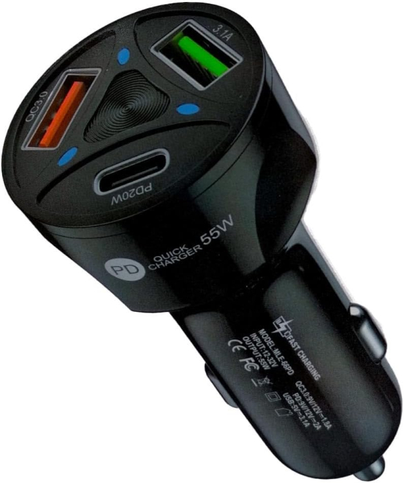 55 W Gyorstöltős Autós Töltő, 3 Porttal, USB és USB Type-C Csatlakozókkal, 12–32 V Tápellátás, Okostelefonokhoz, Táblagépekhez és Mobil Eszközökhöz [2]