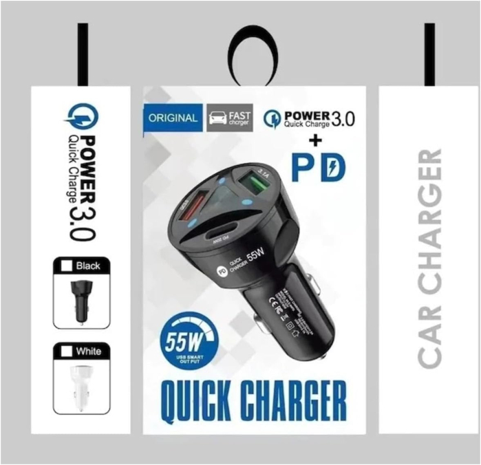 55 W Gyorstöltős Autós Töltő, 3 Porttal, USB és USB Type-C Csatlakozókkal, 12–32 V Tápellátás, Okostelefonokhoz, Táblagépekhez és Mobil Eszközökhöz [3]