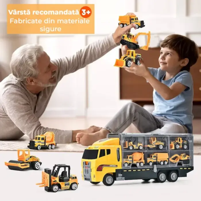 Játék teherautó utánfutóval 12 darabos készlet – Pull-back, súrlódás és nyitható ajtók funkcióval, 3–7 éves gyerekeknek [5]