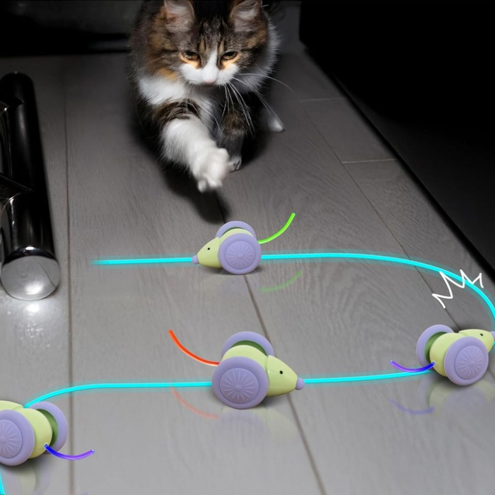 Automata Egér Játék Macskáknak, Akadálykerüléssel és Véletlenszerű Mozgással, Nagy Kerekekkel, RGB LED Farokkal, USB-C Töltés, Interaktív Zöld Kialakítás [9]