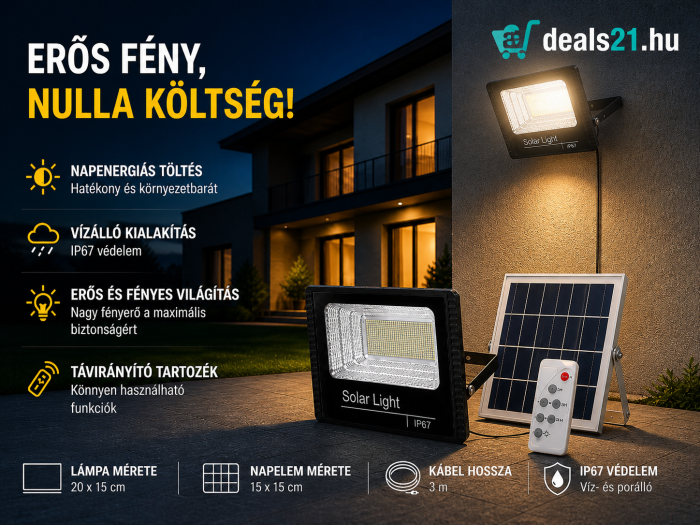 2 x Kültéri napelemes lámpa 200 W, 54 SMD LED reflektor, távirányítóval és fényérzékelővel, beépített napelemes panel [2]