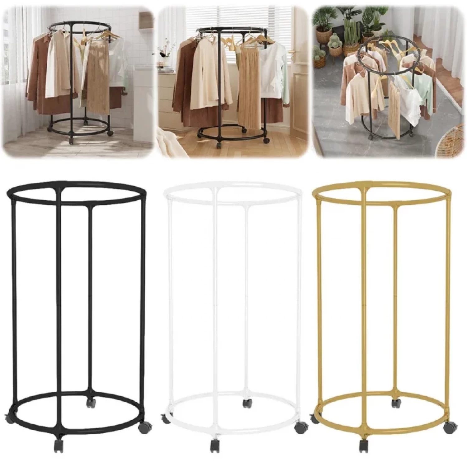 Kerek ruhatartó állvány görgőkkel – 130 cm rúddal, 30 kg teherbírás, krómozott rozsdamentes acél, modern [9]