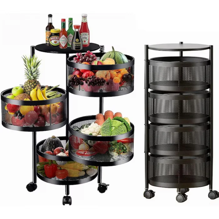 Kerek, univerzális fém polc – 3 vagy 4 perforált kosár, szénacél, görgős és forgatható kialakítás [13]