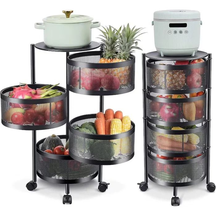 Kerek, univerzális fém polc – 3 vagy 4 perforált kosár, szénacél, görgős és forgatható kialakítás [3]