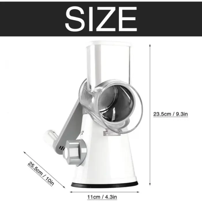 Kézi hajtású reszelő élelmiszeripari 430-as rozsdamentes acélból, 3 cserélhető penge, szeletelés, aprítás és reszelés, tapadókorongos rögzítés, biztonságos és ergonomikus [4]