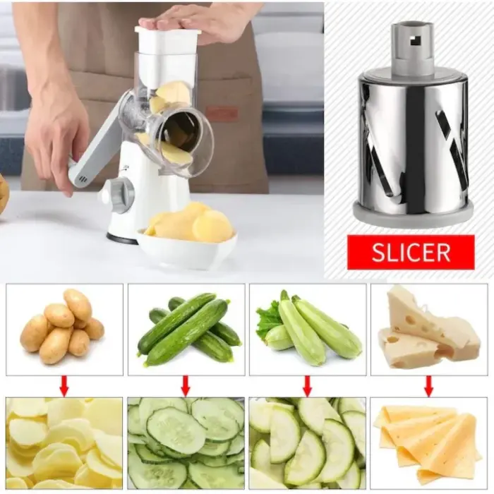 Kézi hajtású reszelő élelmiszeripari 430-as rozsdamentes acélból, 3 cserélhető penge, szeletelés, aprítás és reszelés, tapadókorongos rögzítés, biztonságos és ergonomikus [8]