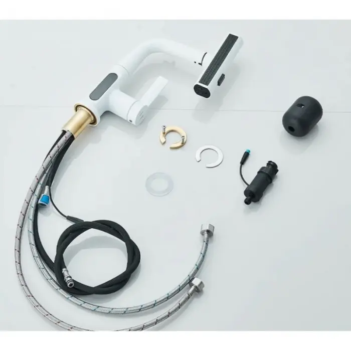 Kihúzható Zuhanyfejes Mosdó- / Konyhai Csaptelep LED Hőmérséklet-kijelzővel – 3 Vízáramlási Mód, Tömör Réz Test, Kerámia Betét, Fehér / Szürke [6]