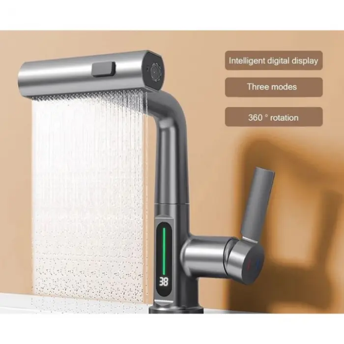 Kihúzható Zuhanyfejes Mosdó- / Konyhai Csaptelep LED Hőmérséklet-kijelzővel – 3 Vízáramlási Mód, Tömör Réz Test, Kerámia Betét, Fehér / Szürke [12]